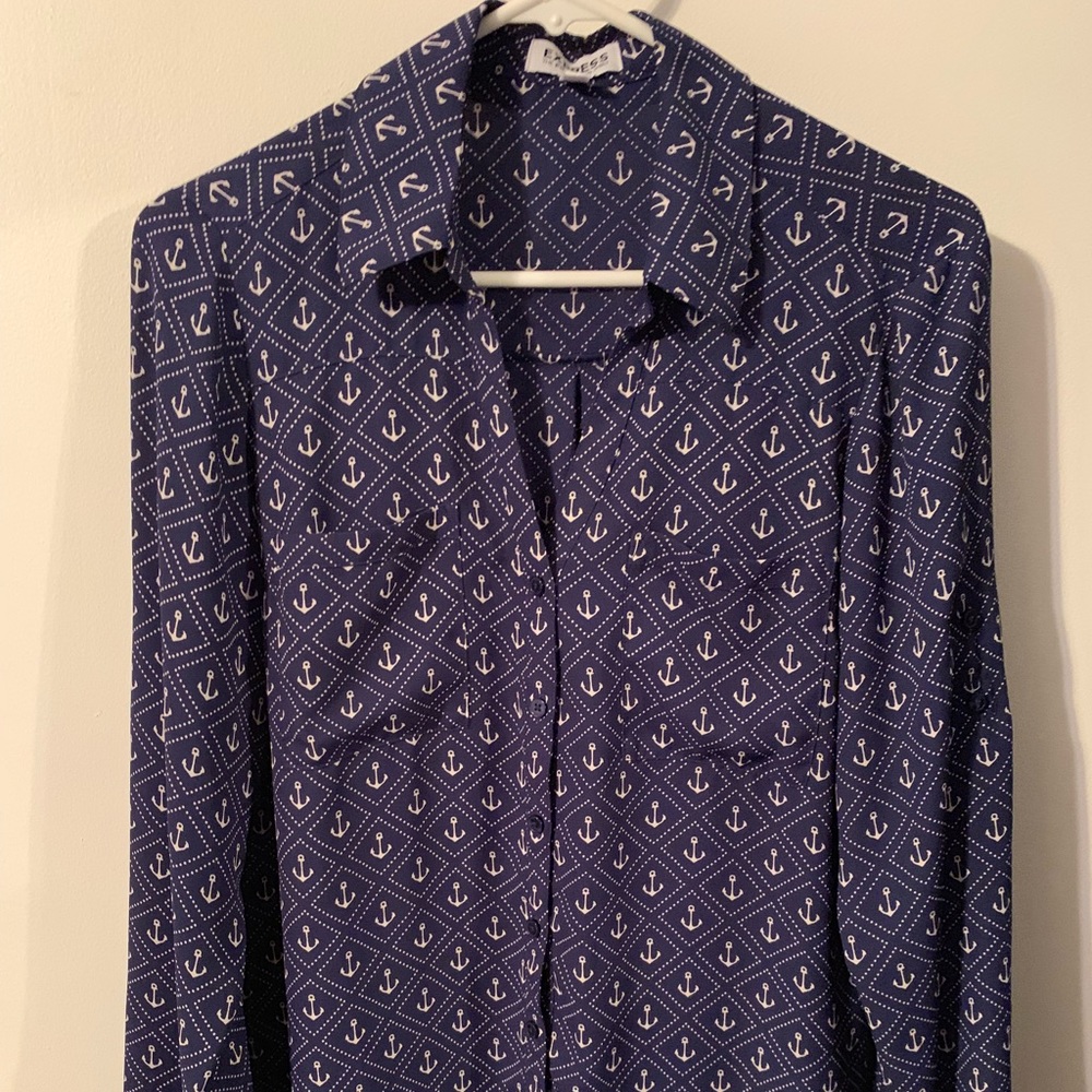 Express Navy Blue Button-Down Shirt with White Anchor Print